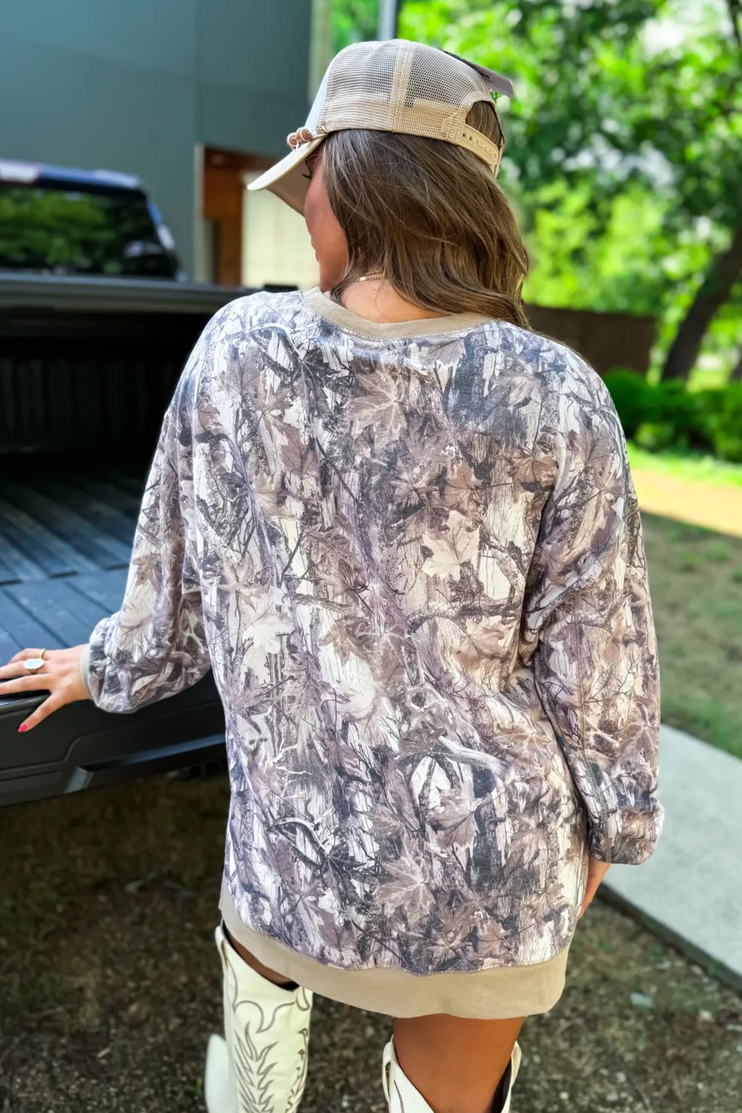 Khaki Abstract Camo Print Colorblock Trim Side Split Tunic Sweatshirt