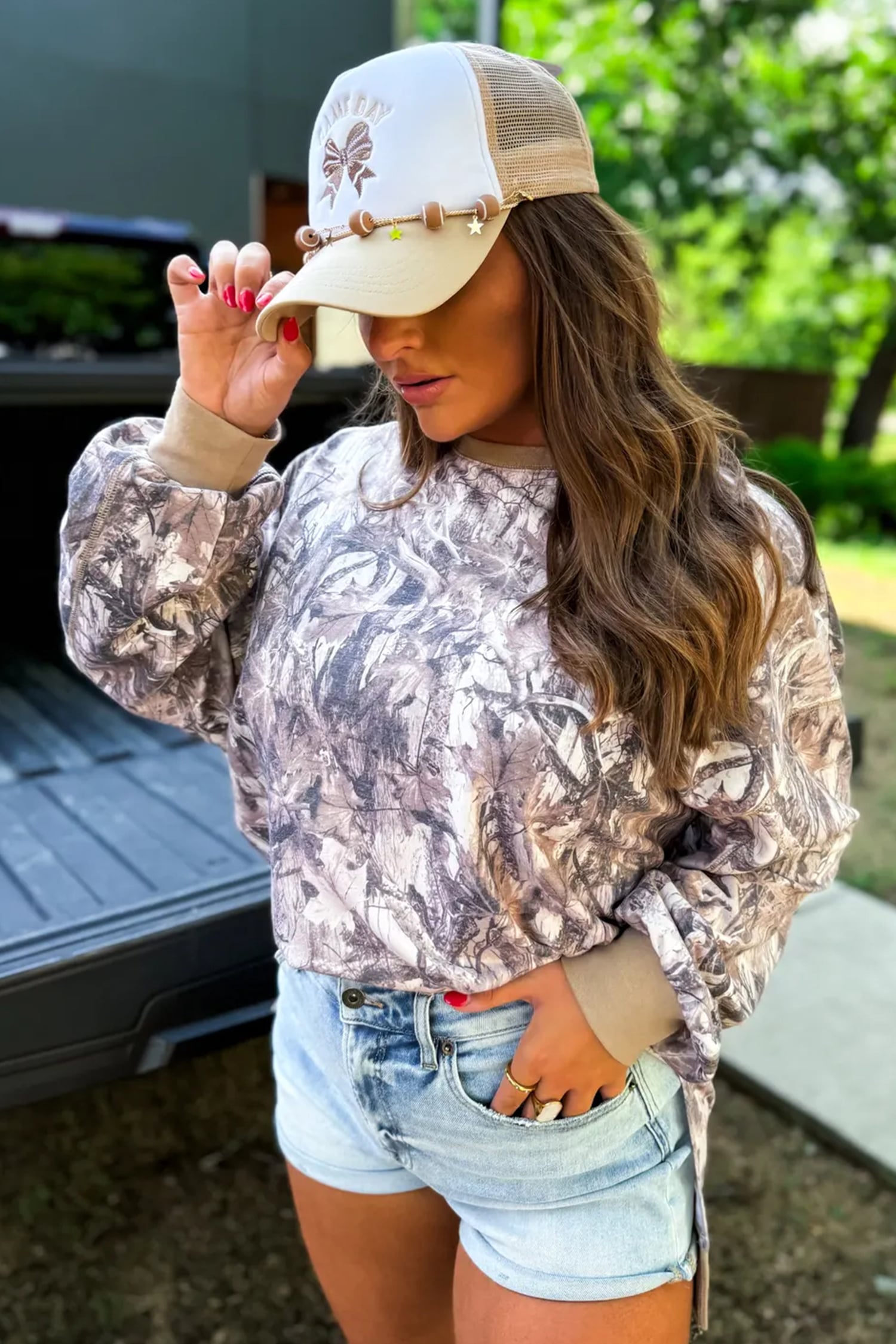 Khaki Abstract Camo Print Colorblock Trim Side Split Tunic Sweatshirt