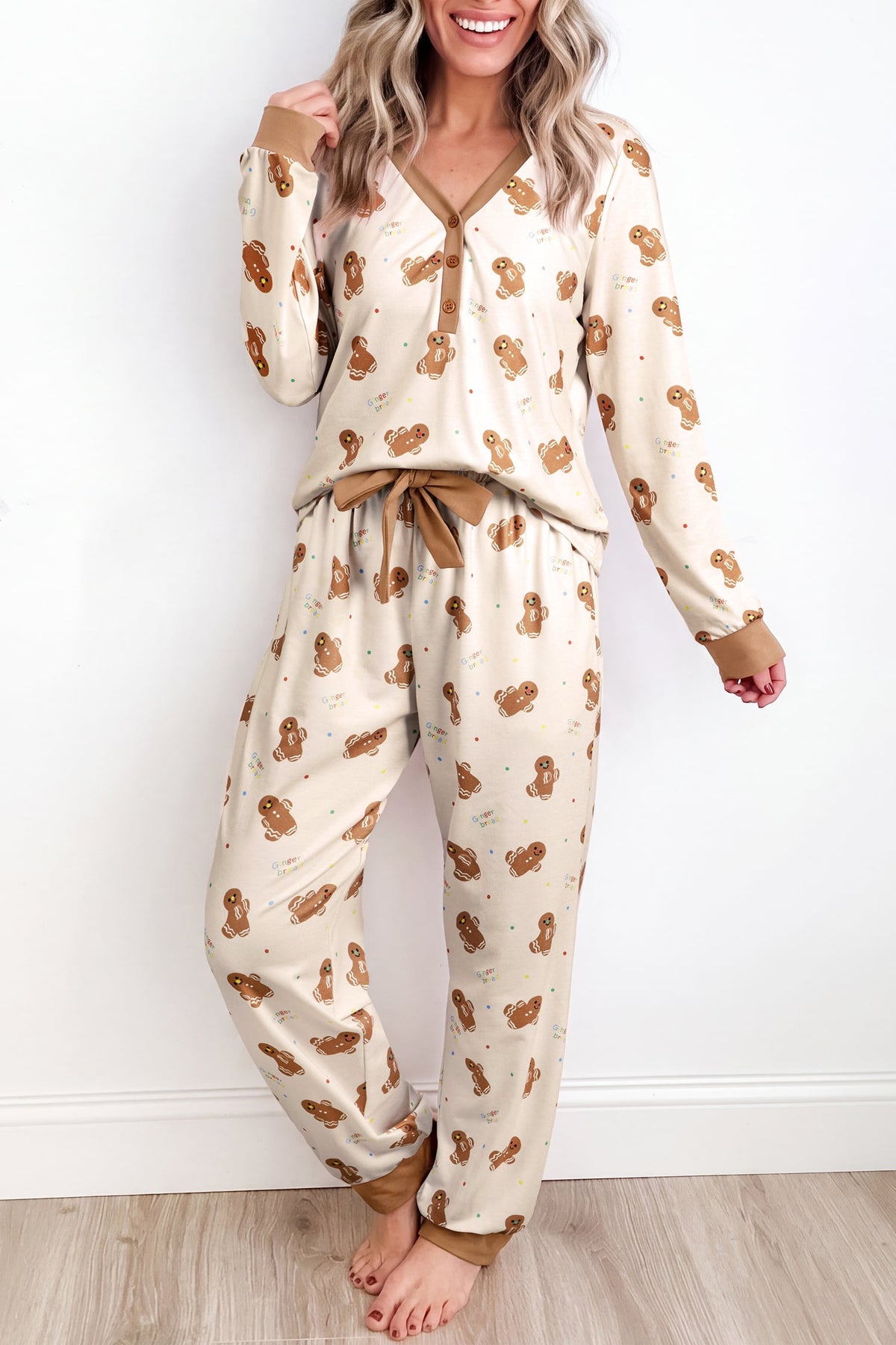 Khaki Abstract Gingerbread Print Colorblock Long Sleeve Two Piece Lounge Set