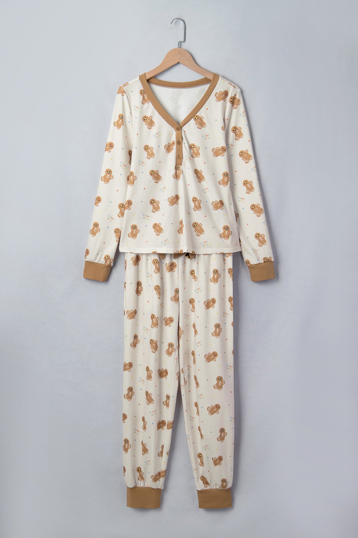 Khaki Abstract Gingerbread Print Colorblock Long Sleeve Two Piece Lounge Set