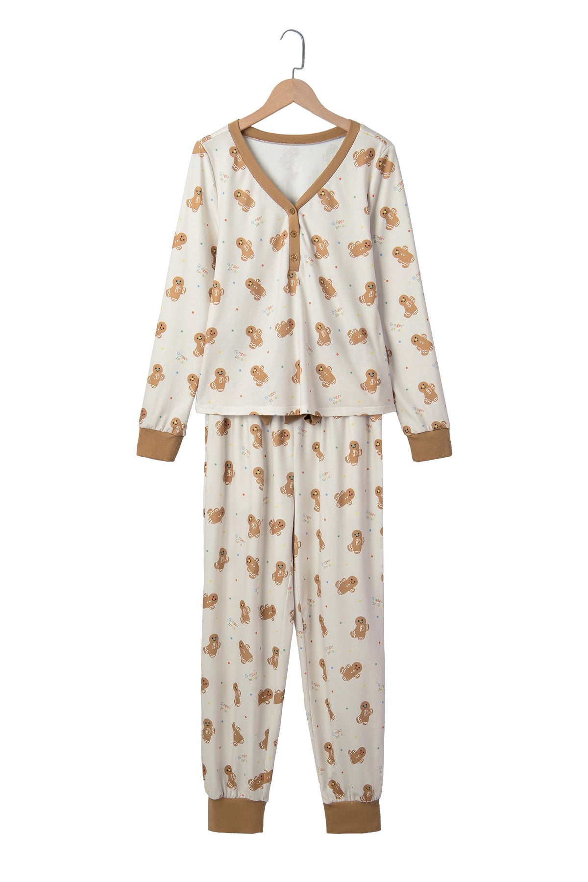 Khaki Abstract Gingerbread Print Colorblock Long Sleeve Two Piece Lounge Set