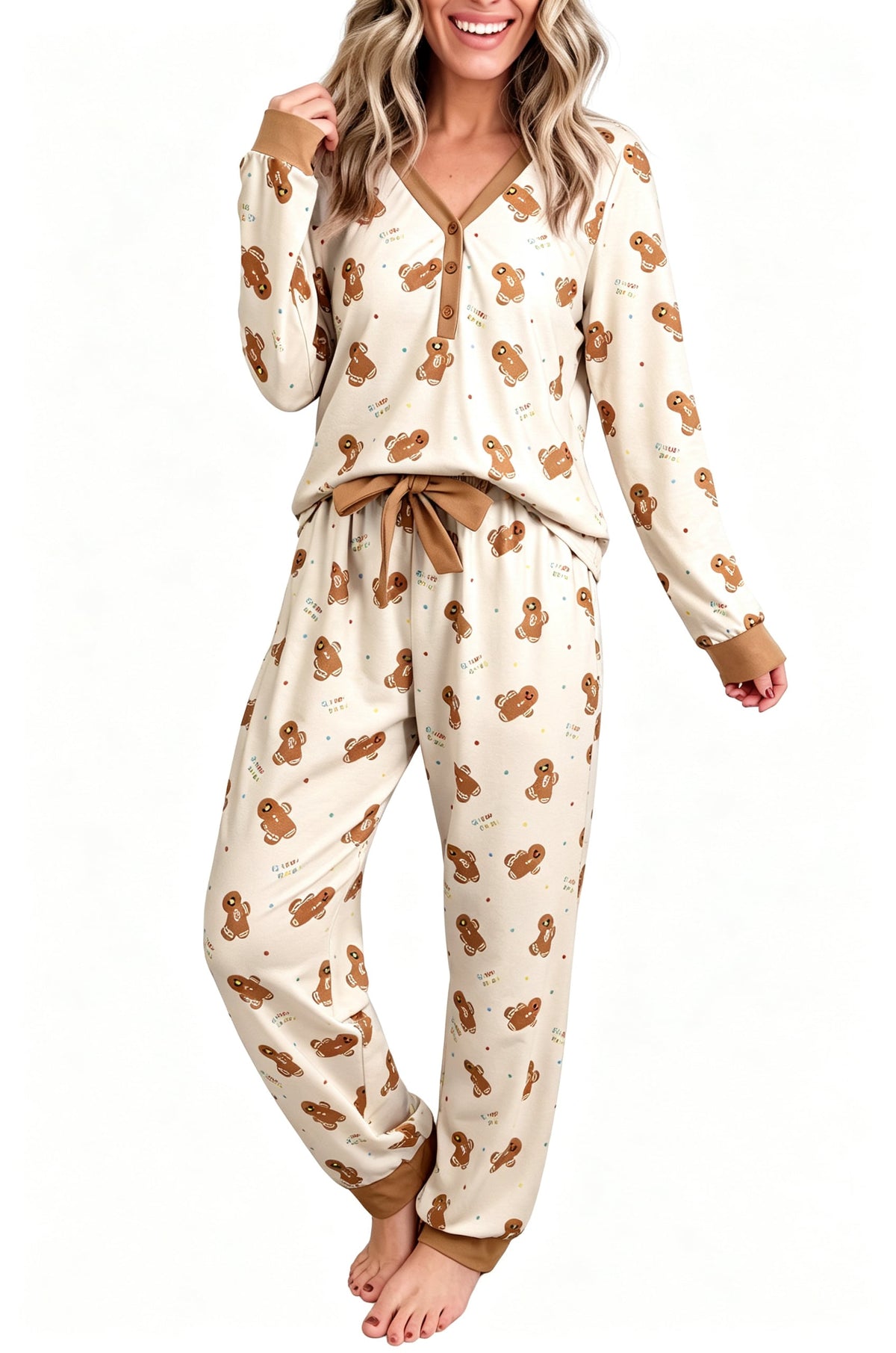 Khaki Abstract Gingerbread Print Colorblock Long Sleeve Two Piece Lounge Set