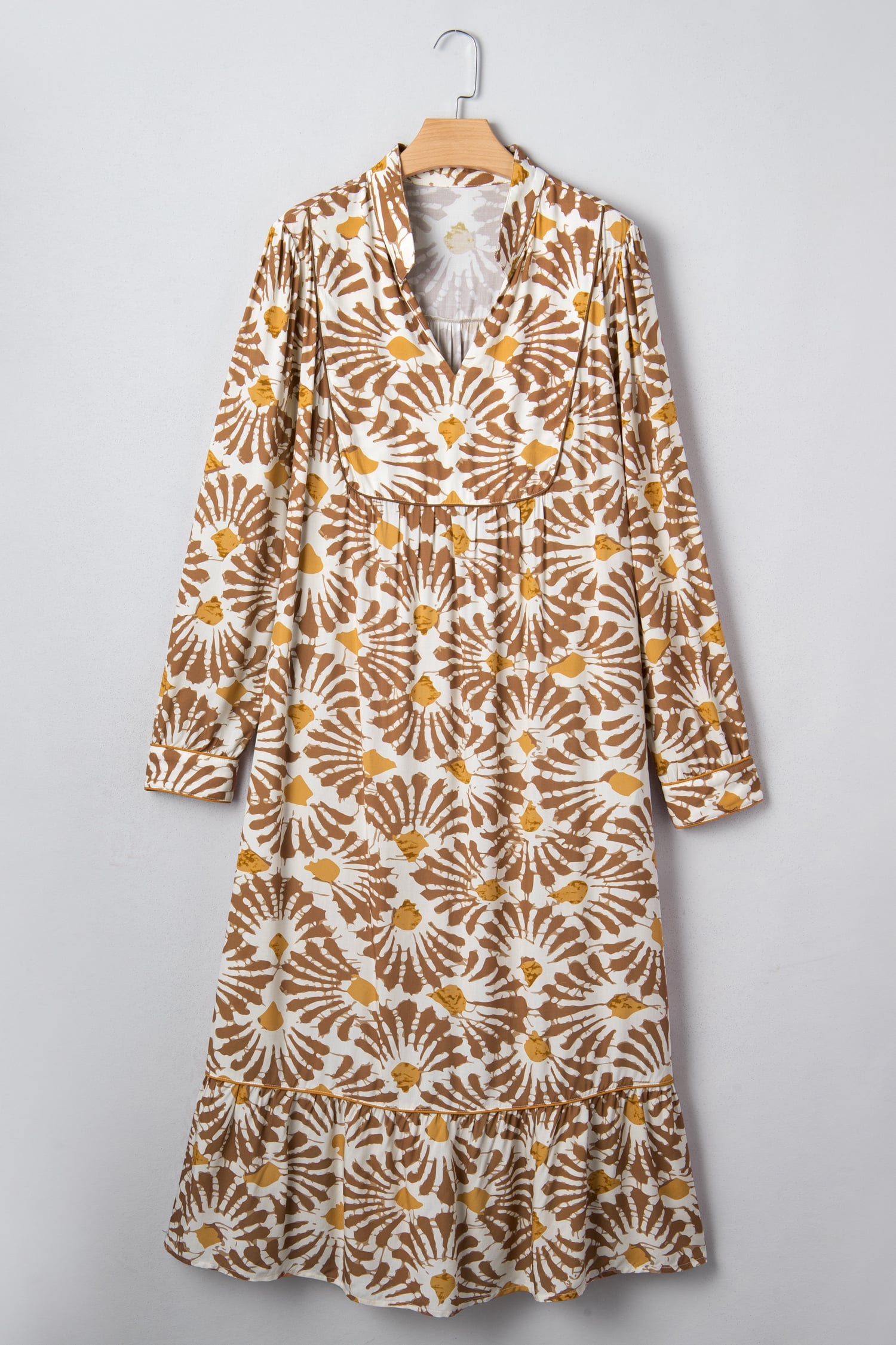 Khaki Abstract Plant Print Loose Plus Size Long Dress