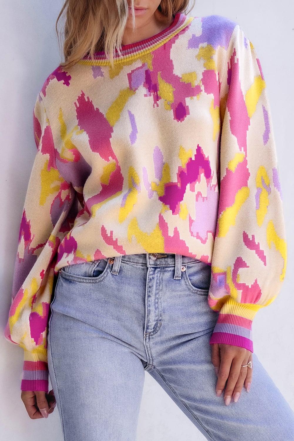 Khaki Abstract Print Colorblock Balloon Sleeve Sweater
