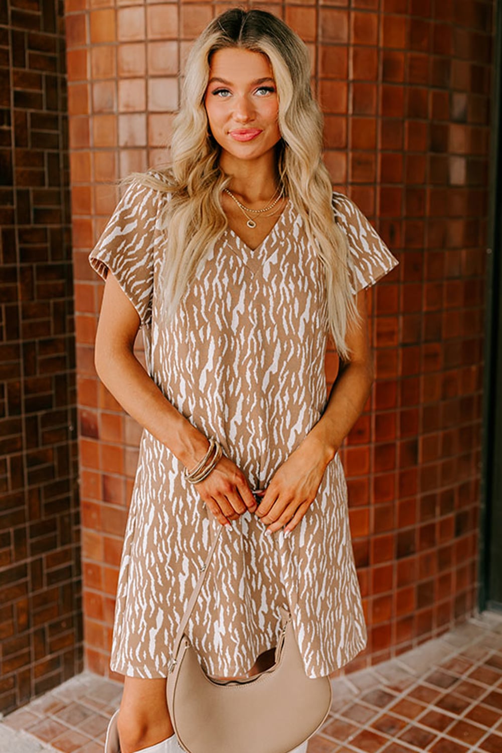 Khaki Abstract Print V Neck Short Sleeve Shift T Shirt Dress