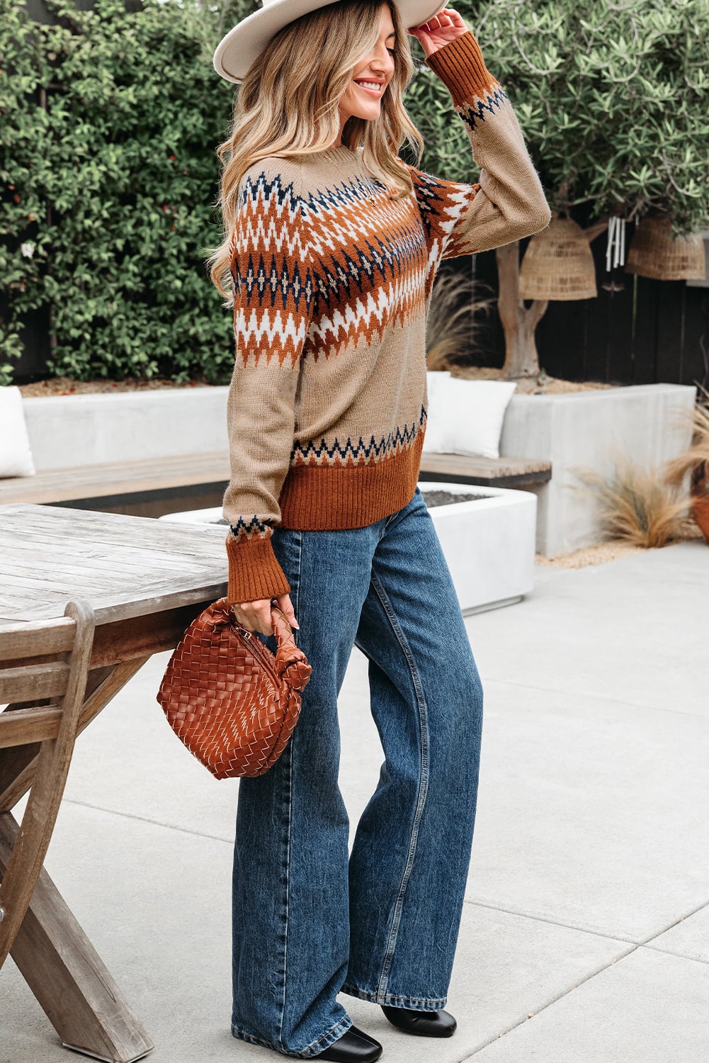 Khaki Aztec Print Colorblock Crew Neck Sweater