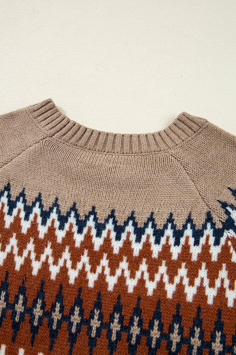 Khaki Aztec Print Colorblock Crew Neck Sweater