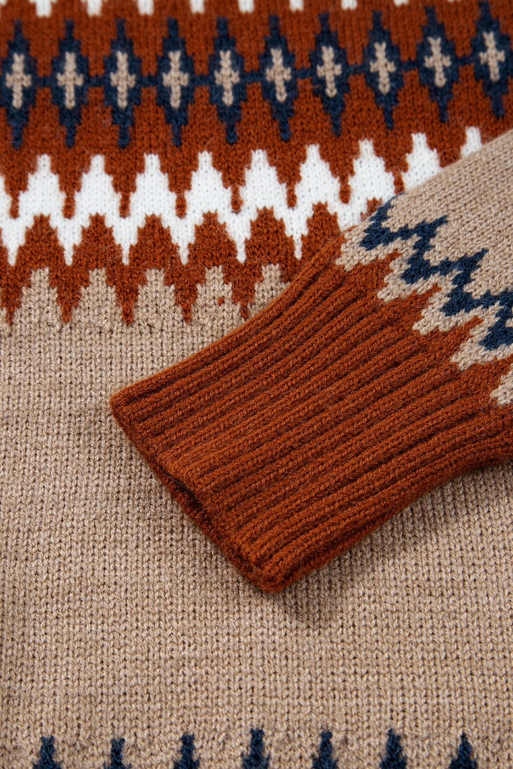 Khaki Aztec Print Colorblock Crew Neck Sweater