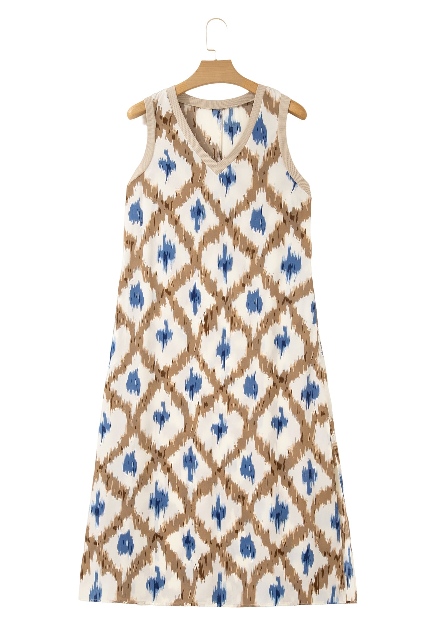 Khaki Boho Abstract Print V Neck Sleeveless Long Dress