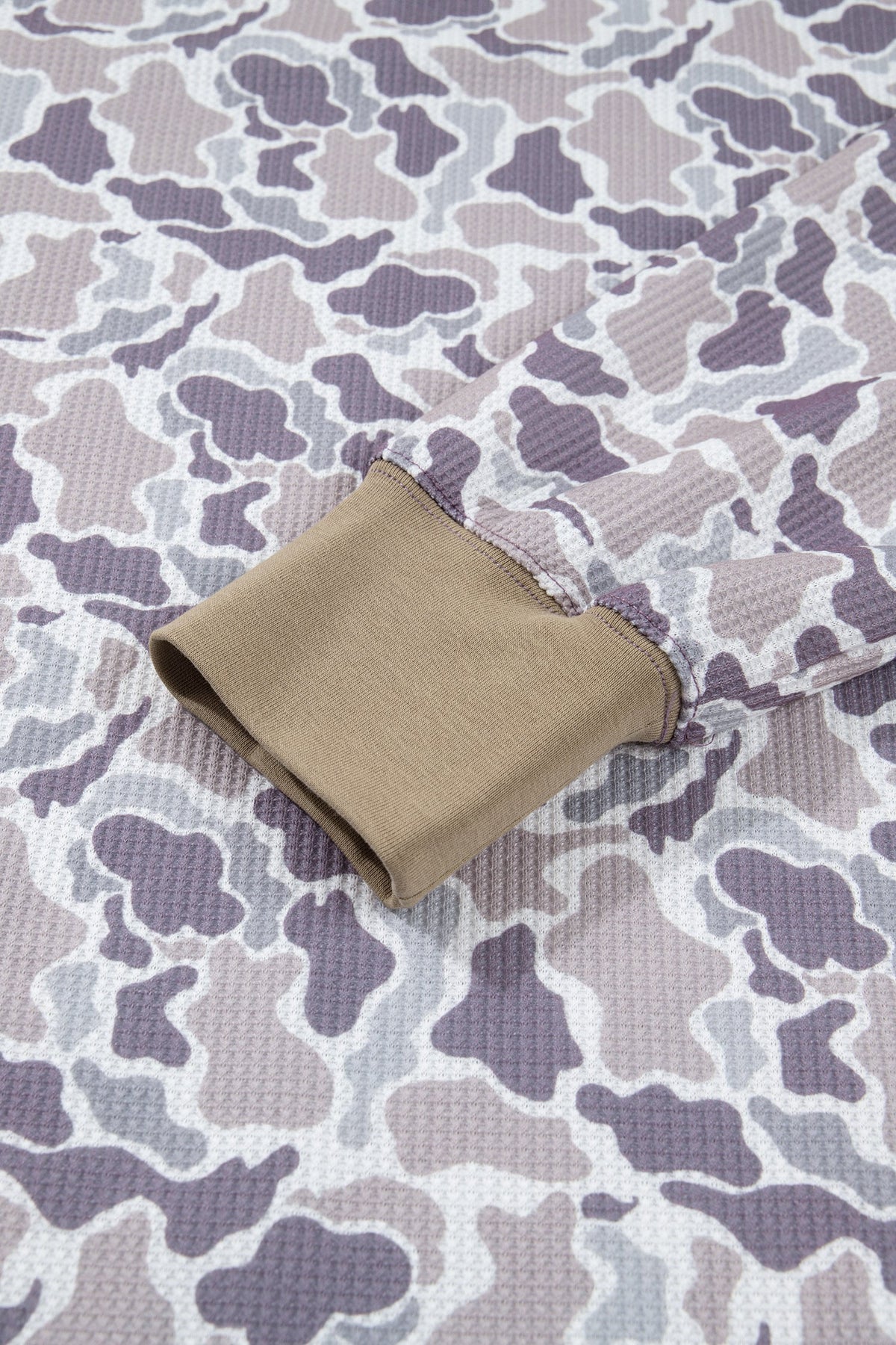 Khaki Camouflage Print Textured Knit Color Block Trim Long Sleeve Top