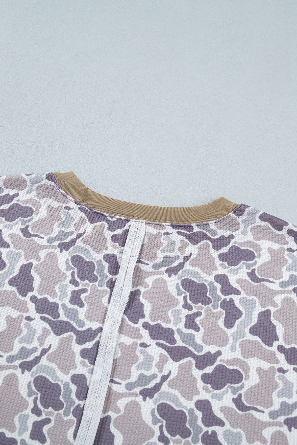 Khaki Camouflage Print Textured Knit Color Block Trim Long Sleeve Top