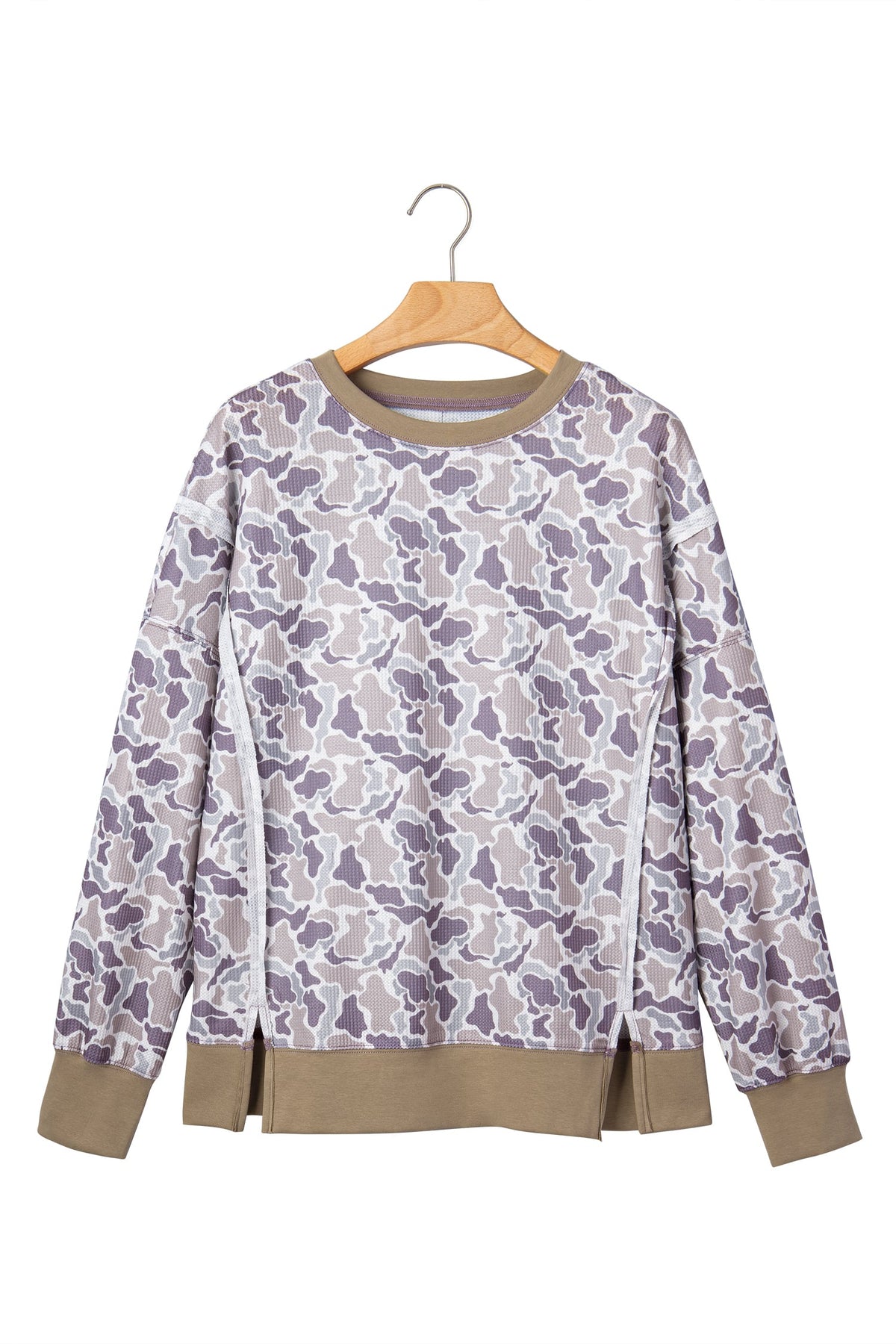 Khaki Camouflage Print Textured Knit Color Block Trim Long Sleeve Top