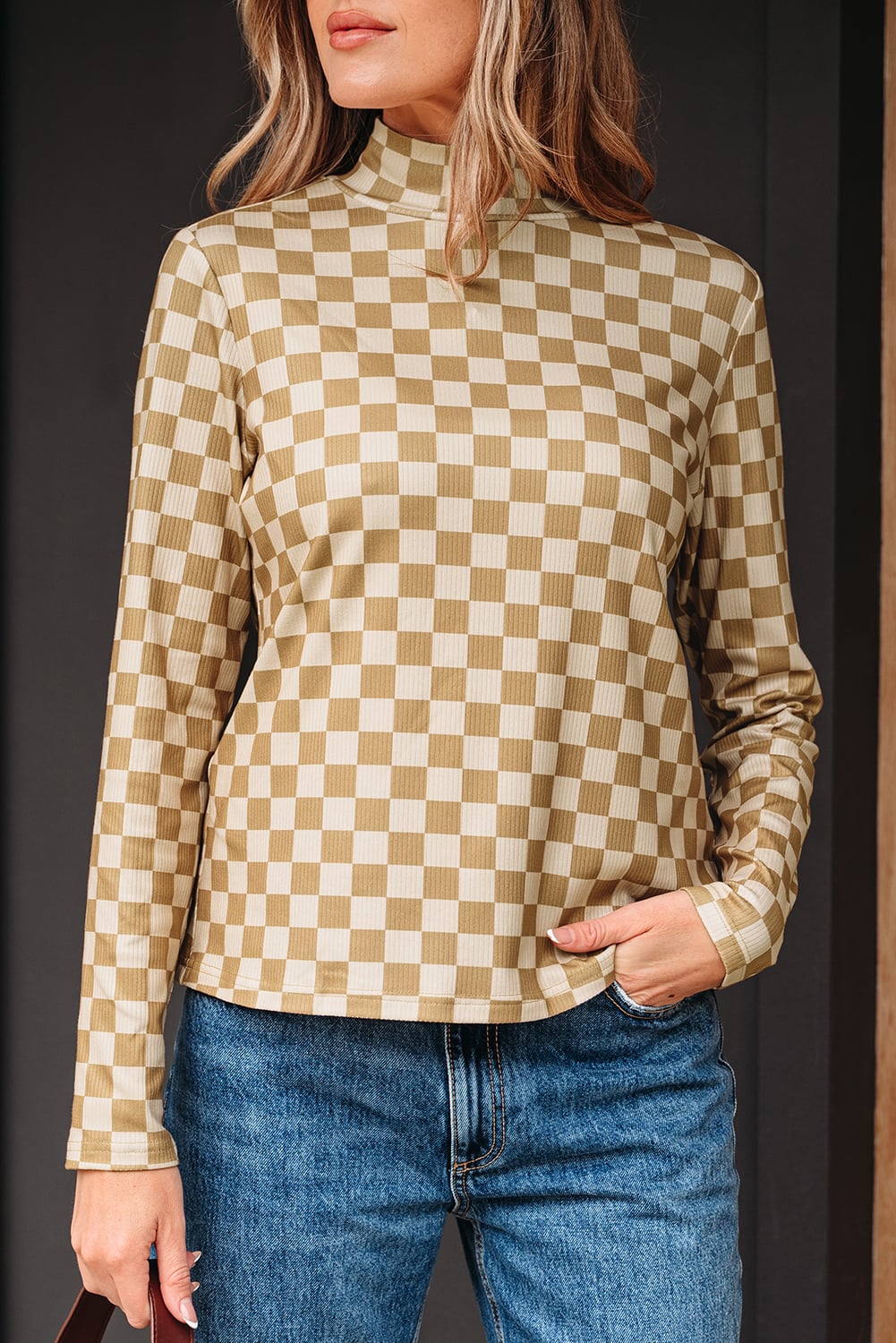 Khaki Check Pattern Turtleneck Ribbed Slim Long Sleeve Tee