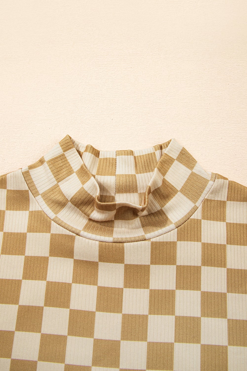 Khaki Check Pattern Turtleneck Ribbed Slim Long Sleeve Tee
