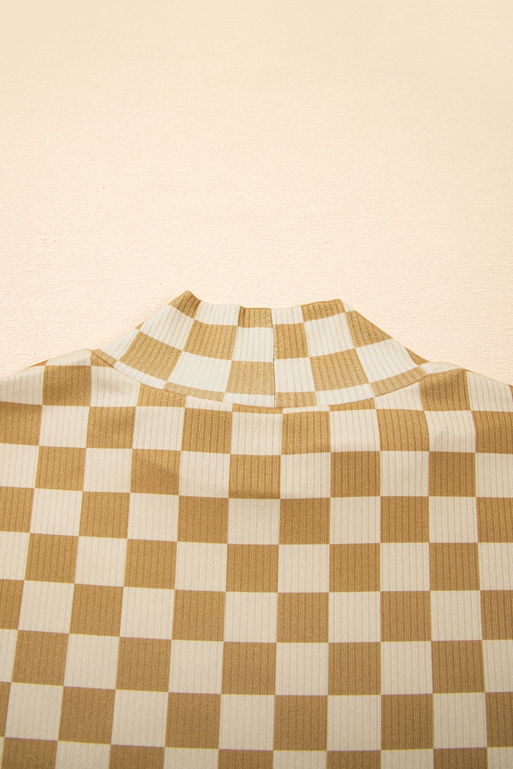 Khaki Check Pattern Turtleneck Ribbed Slim Long Sleeve Tee