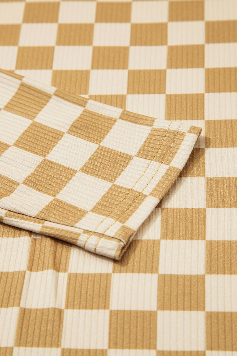 Khaki Check Pattern Turtleneck Ribbed Slim Long Sleeve Tee