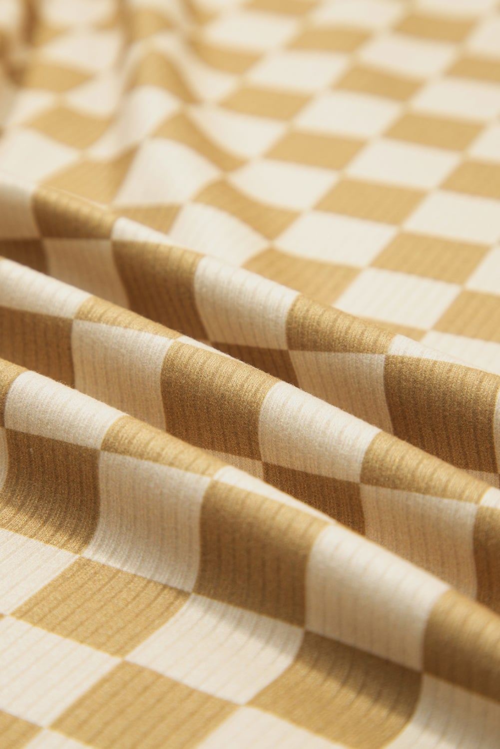 Khaki Check Pattern Turtleneck Ribbed Slim Long Sleeve Tee