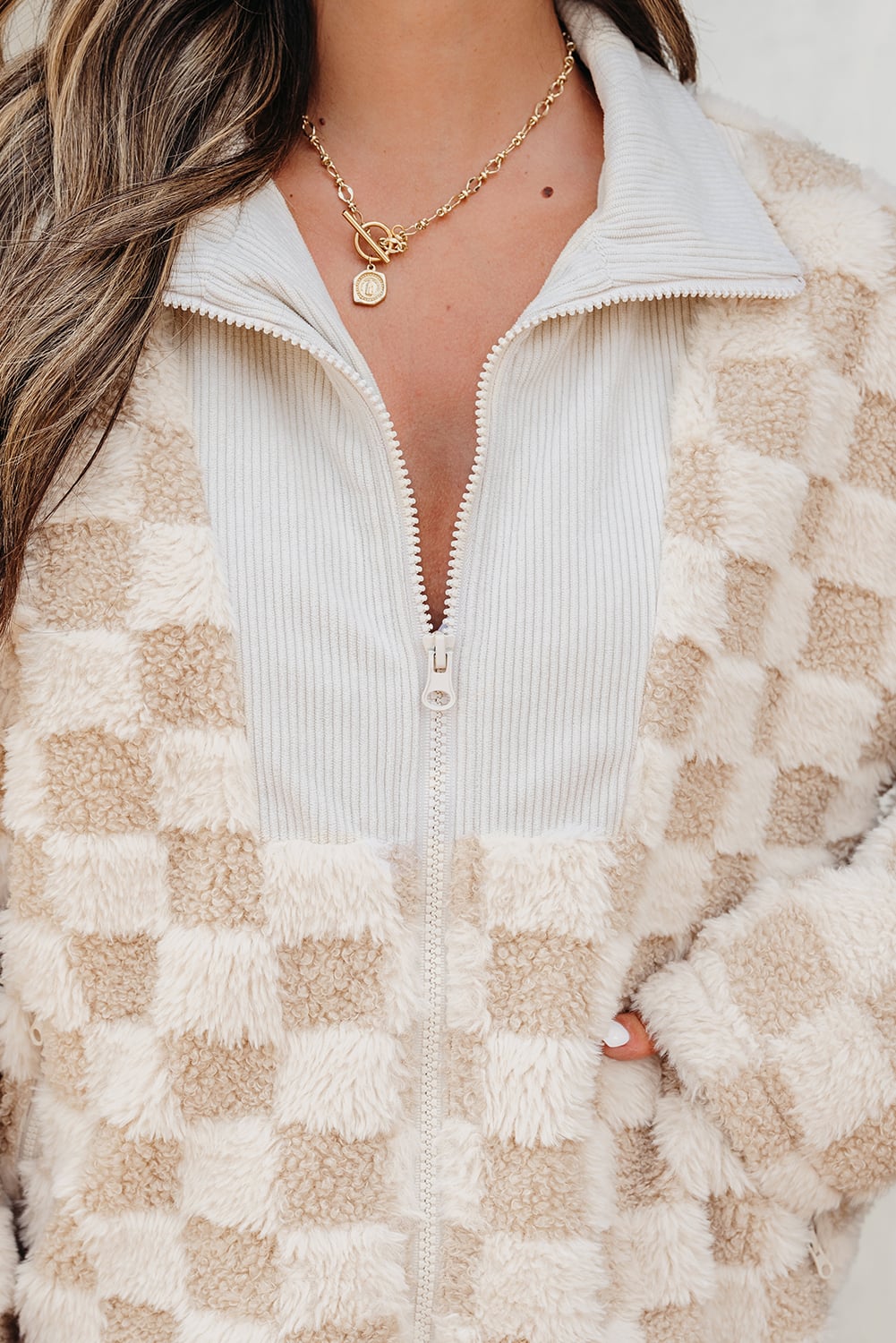 Khaki Checker Sherpa Corduroy Patchwork Zip up Collared Jacket