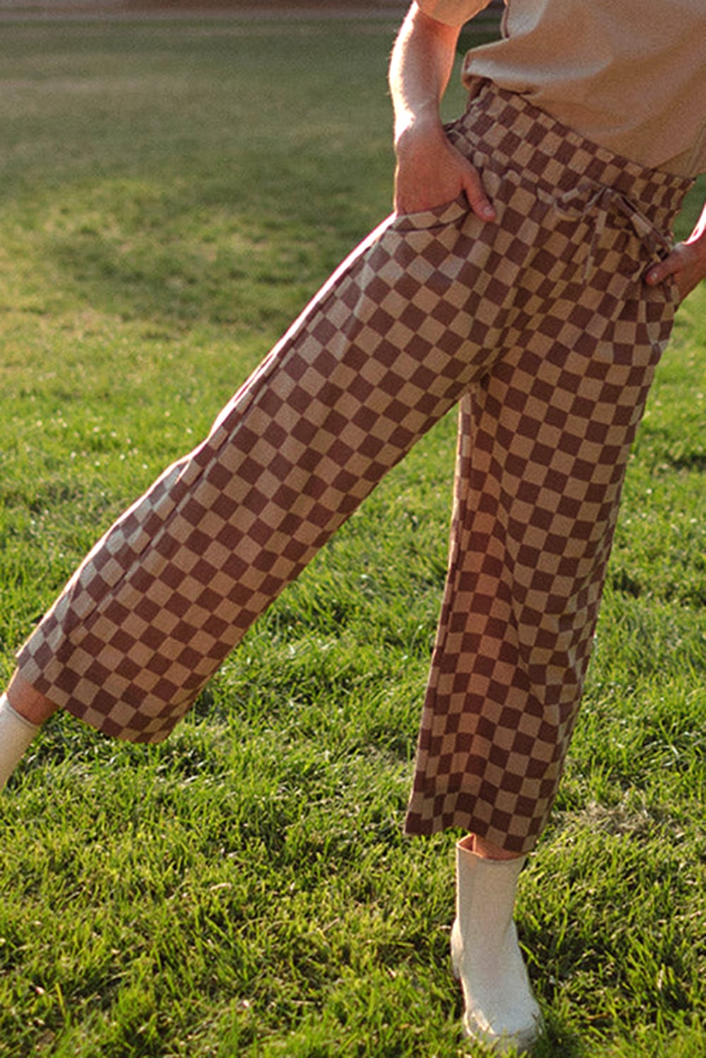 Khaki Checkered Elastic High Waist Loose Casual Pants