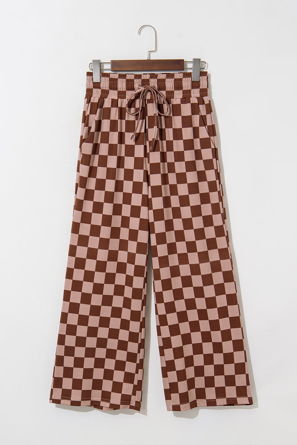 Khaki Checkered Elastic High Waist Loose Casual Pants