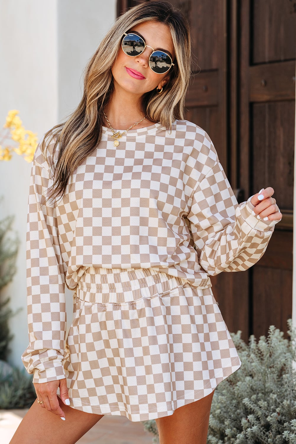 Khaki Checkered Long Sleeve Crop Top High Waist Skort 2pcs Set
