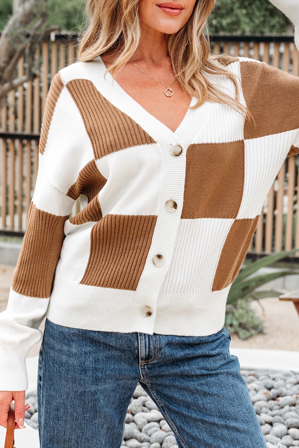 Khaki Checkered Pattern Ribbed Detail Button V Neck Sweater Cardigan