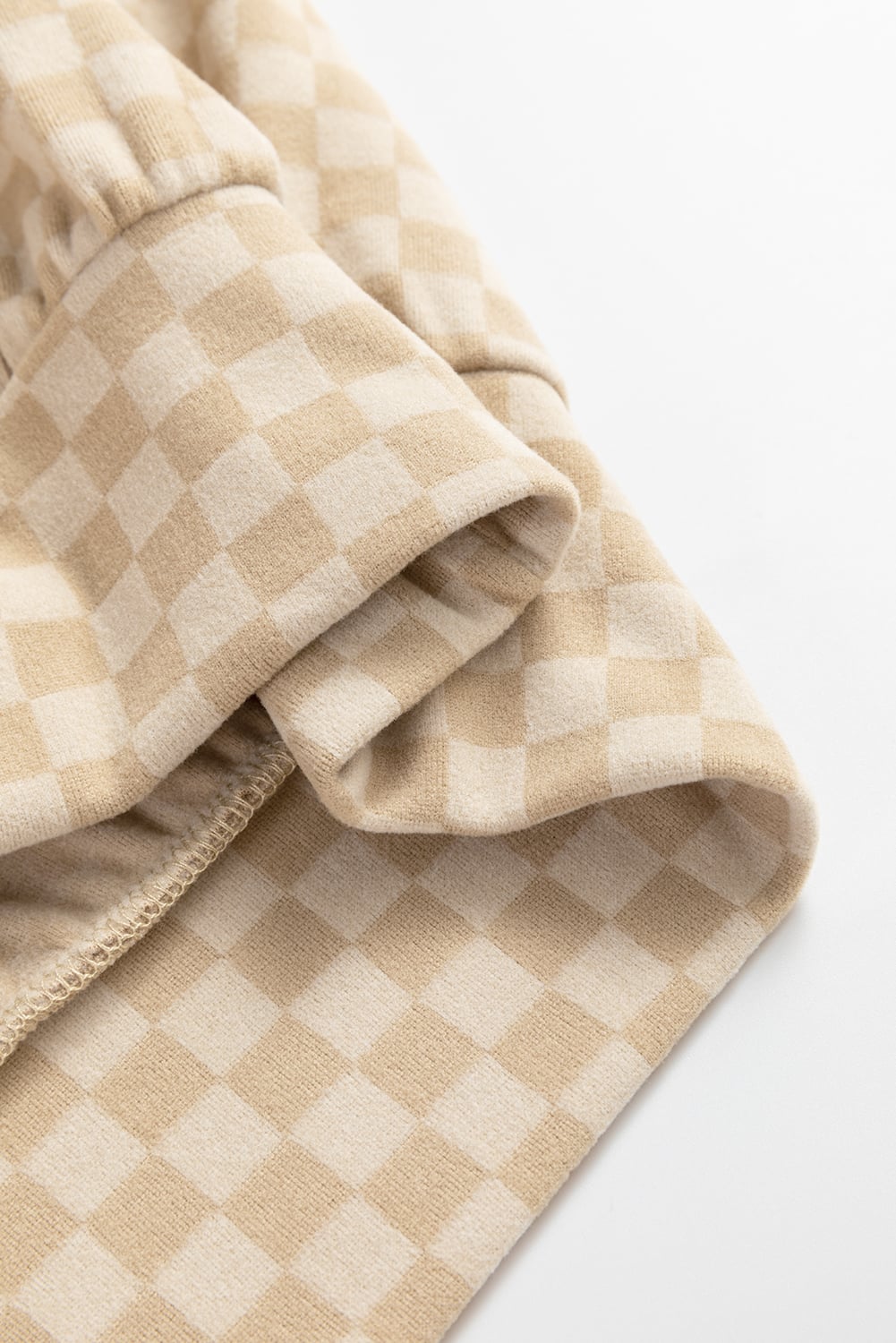 Khaki Checkered Print Kangaroo Pocket Drawstring Hoodie