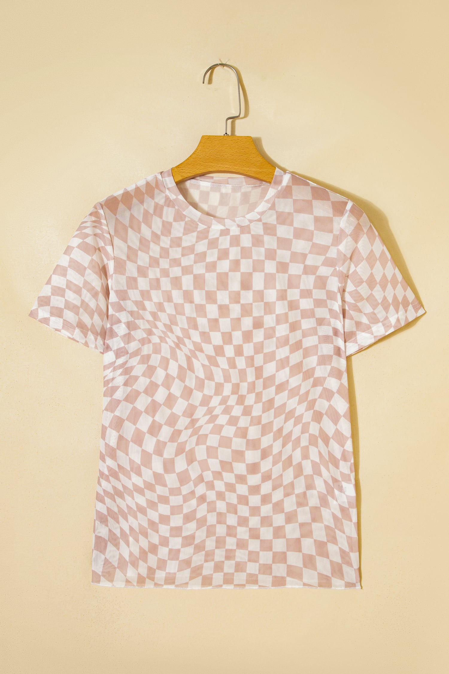 Khaki Checkered Print Crew Neck Mesh T Shirt