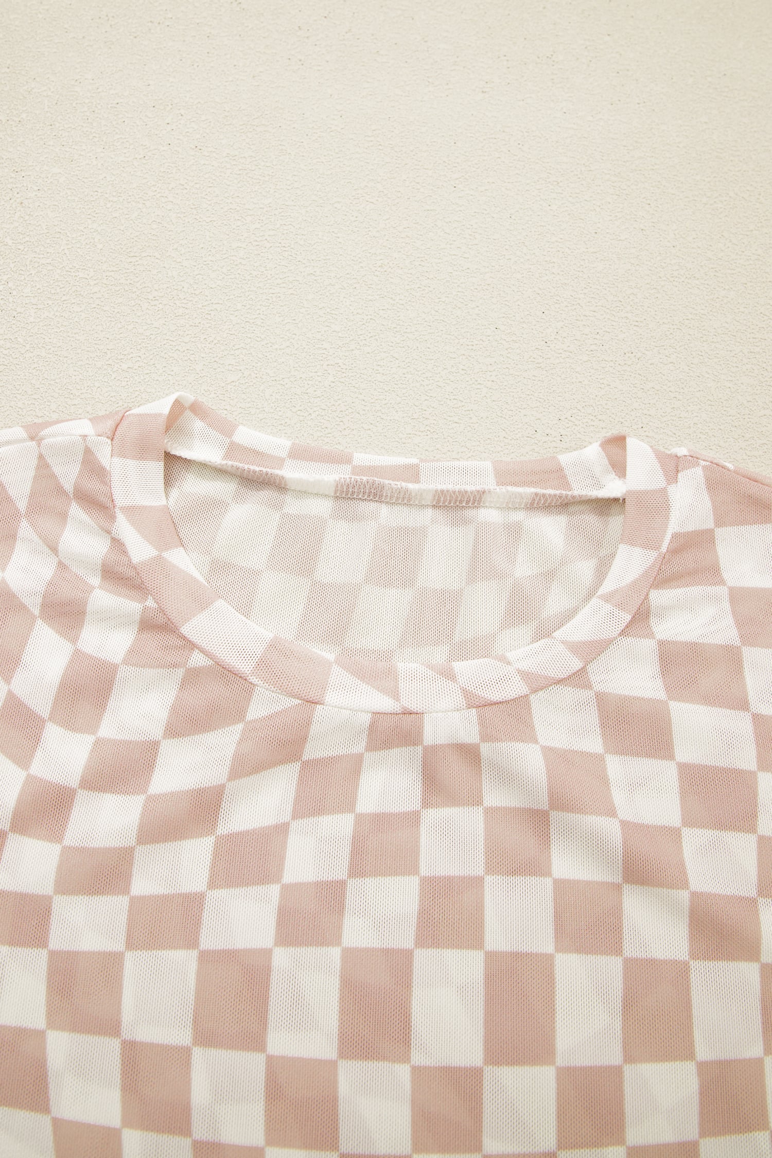 Khaki Checkered Print Crew Neck Mesh T Shirt
