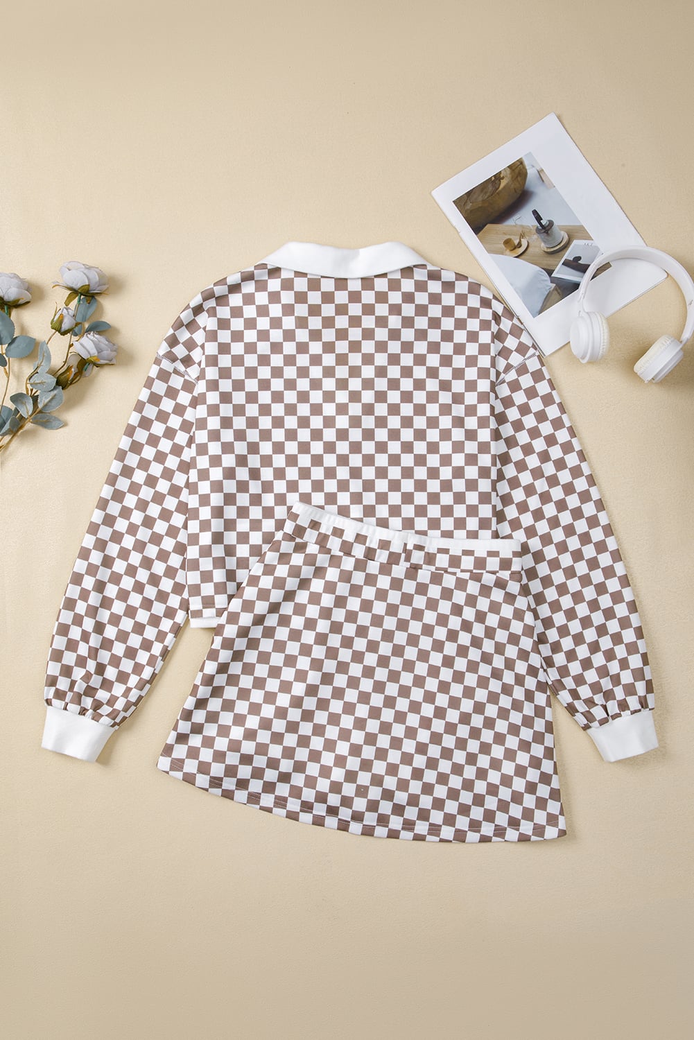 Khaki Checkered Print Polo Collar Cropped Long Sleeve Top Drawstring Mini Skirt Set