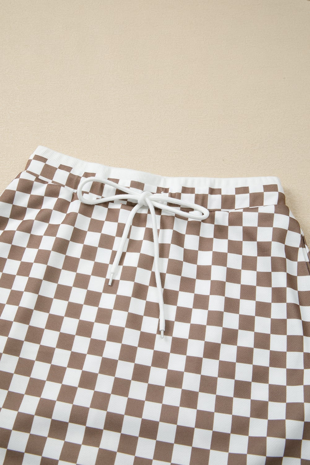 Khaki Checkered Print Polo Collar Cropped Long Sleeve Top Drawstring Mini Skirt Set