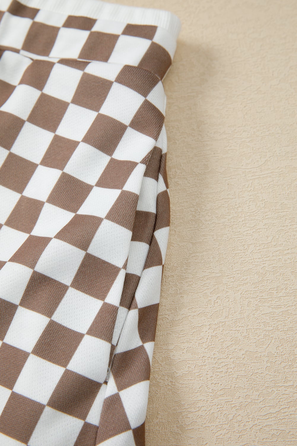 Khaki Checkered Print Polo Collar Cropped Long Sleeve Top Drawstring Mini Skirt Set