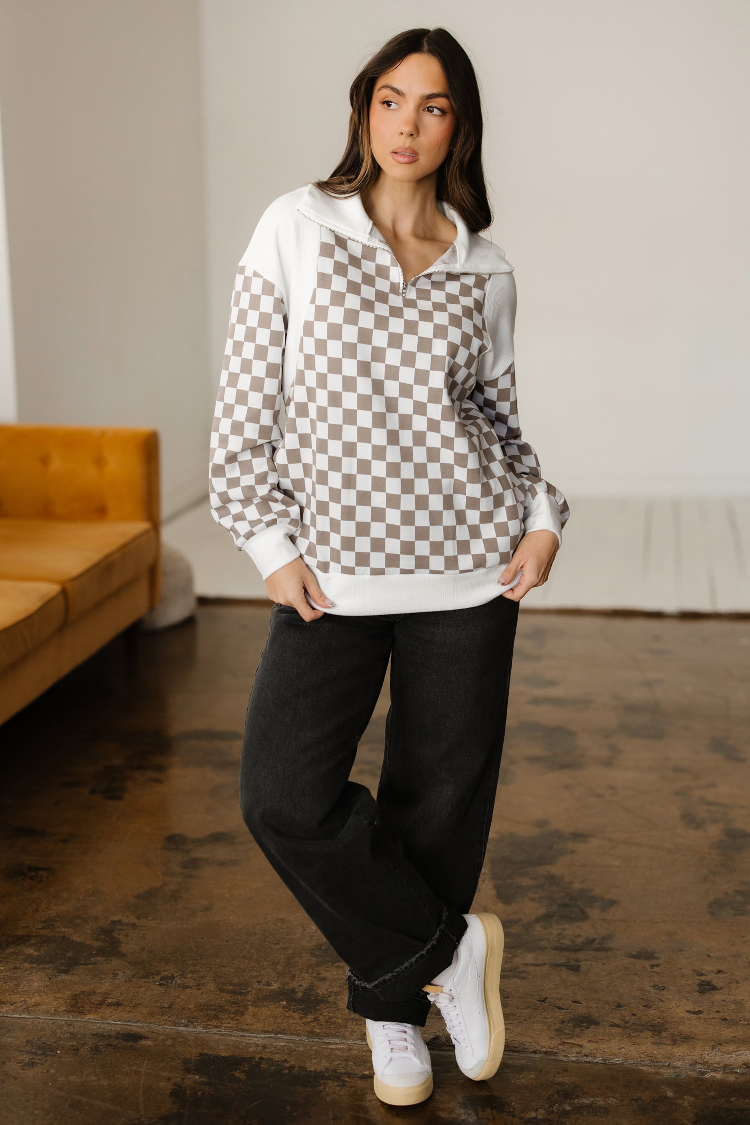Khaki Checkered Print Quarter Zip Ribbed Patchwork Loose Sweatshirt