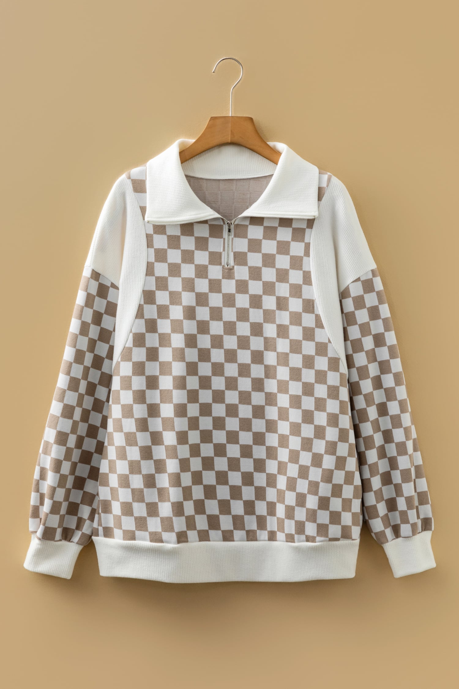 Khaki Checkered Print Quarter Zip Ribbed Patchwork Loose Sweatshirt