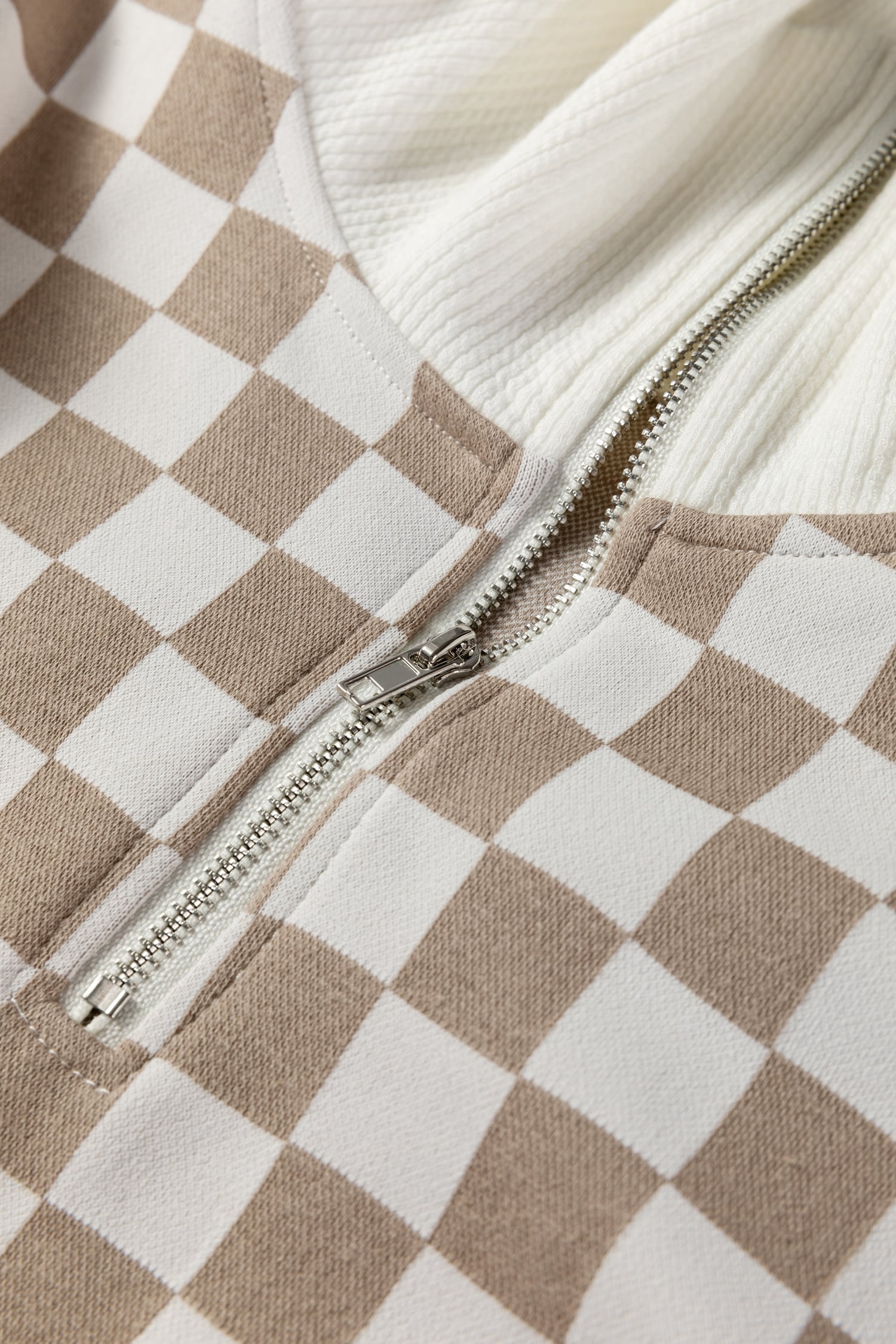Khaki Checkered Print Quarter Zip Ribbed Patchwork Loose Sweatshirt