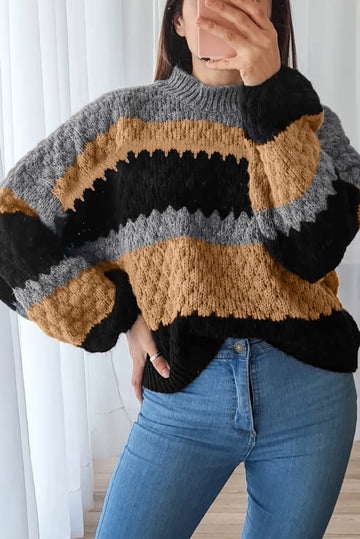 Khaki Color Block High Neck Baggy Sweater