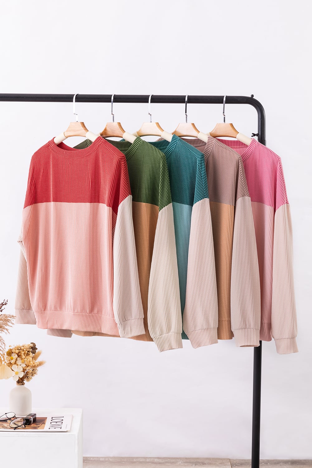 Khaki Color Block Long Sleeve Ribbed Loose Top