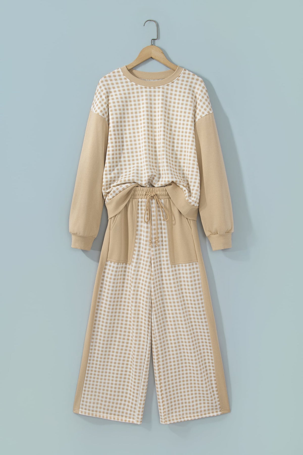 Khaki Color Block Plaid Patchwork Long Sleeve Pullover Wide Leg Pant Set