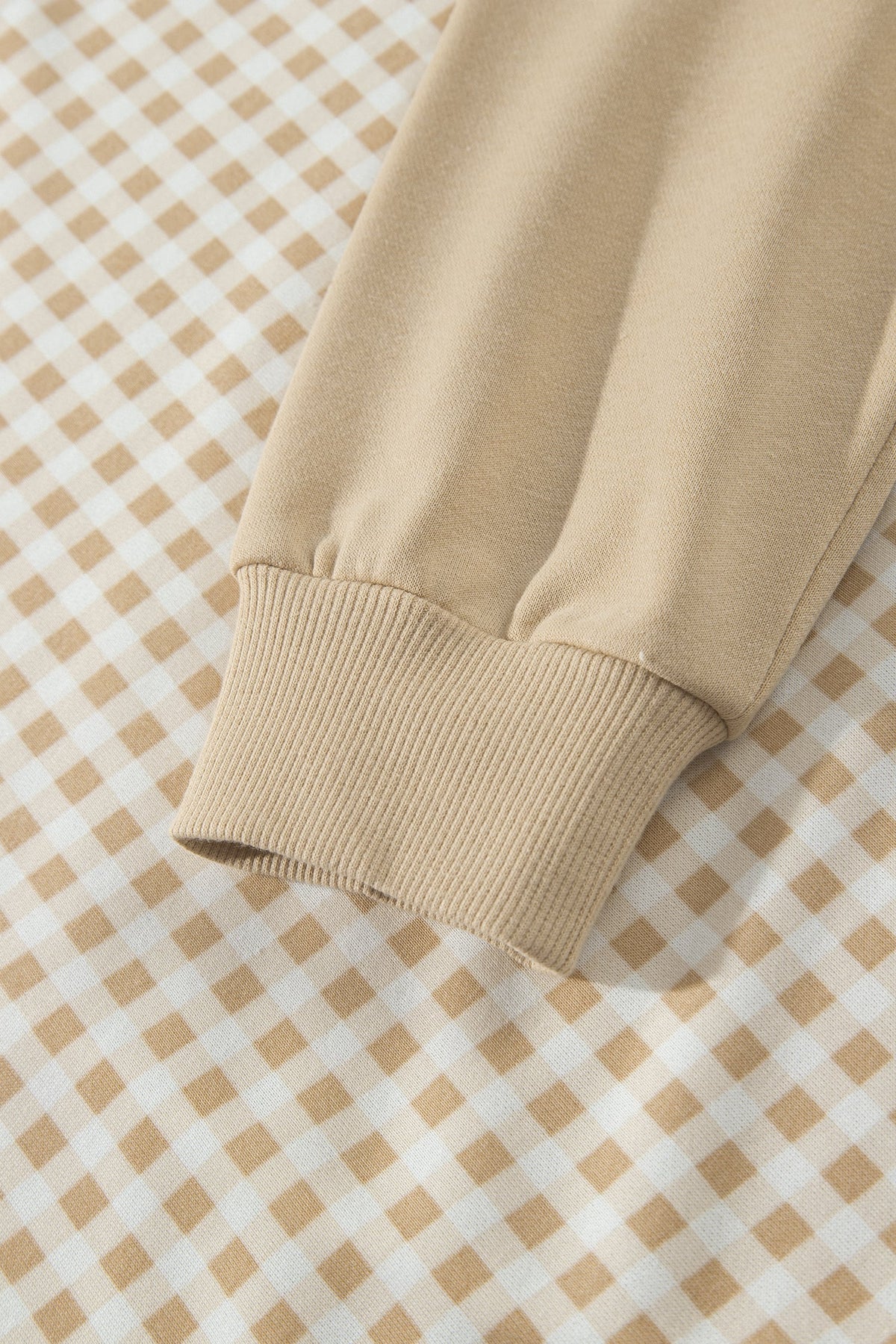 Khaki Color Block Plaid Patchwork Long Sleeve Pullover Wide Leg Pant Set