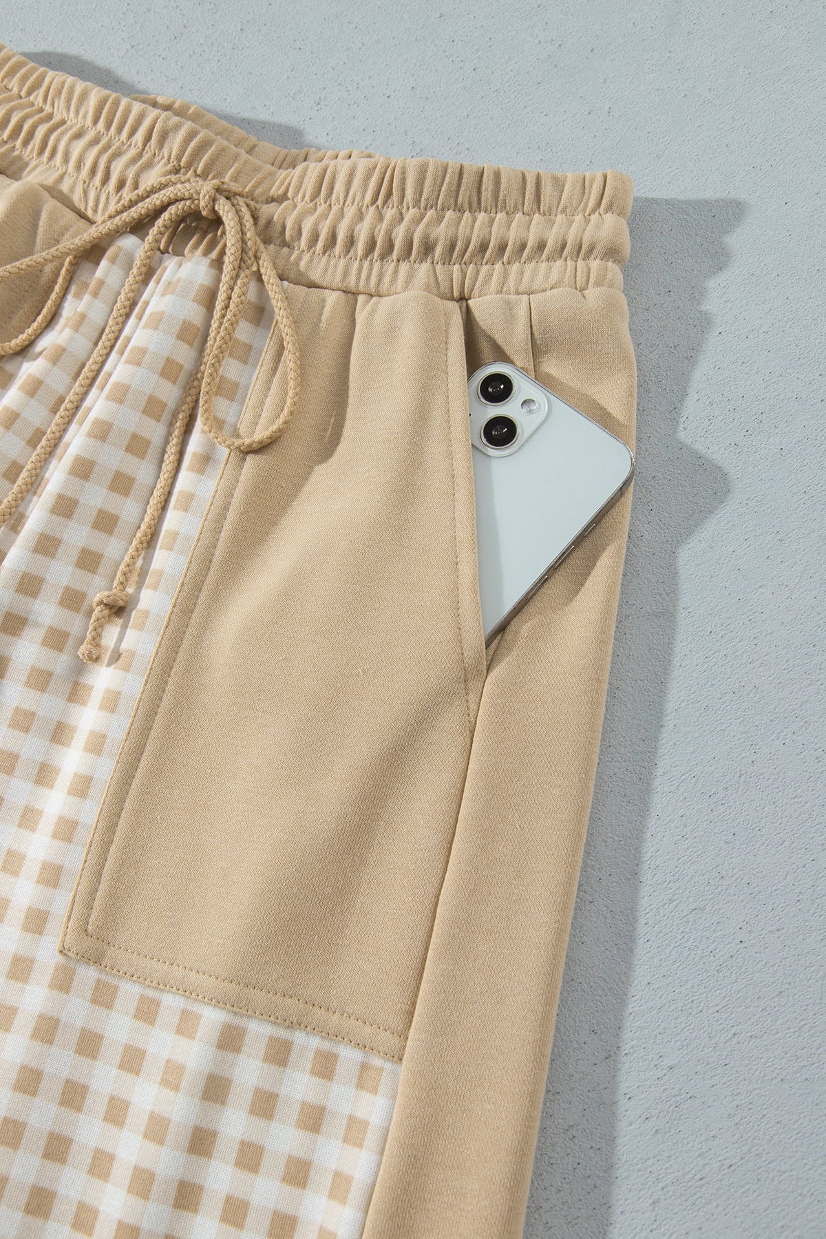 Khaki Color Block Plaid Patchwork Long Sleeve Pullover Wide Leg Pant Set