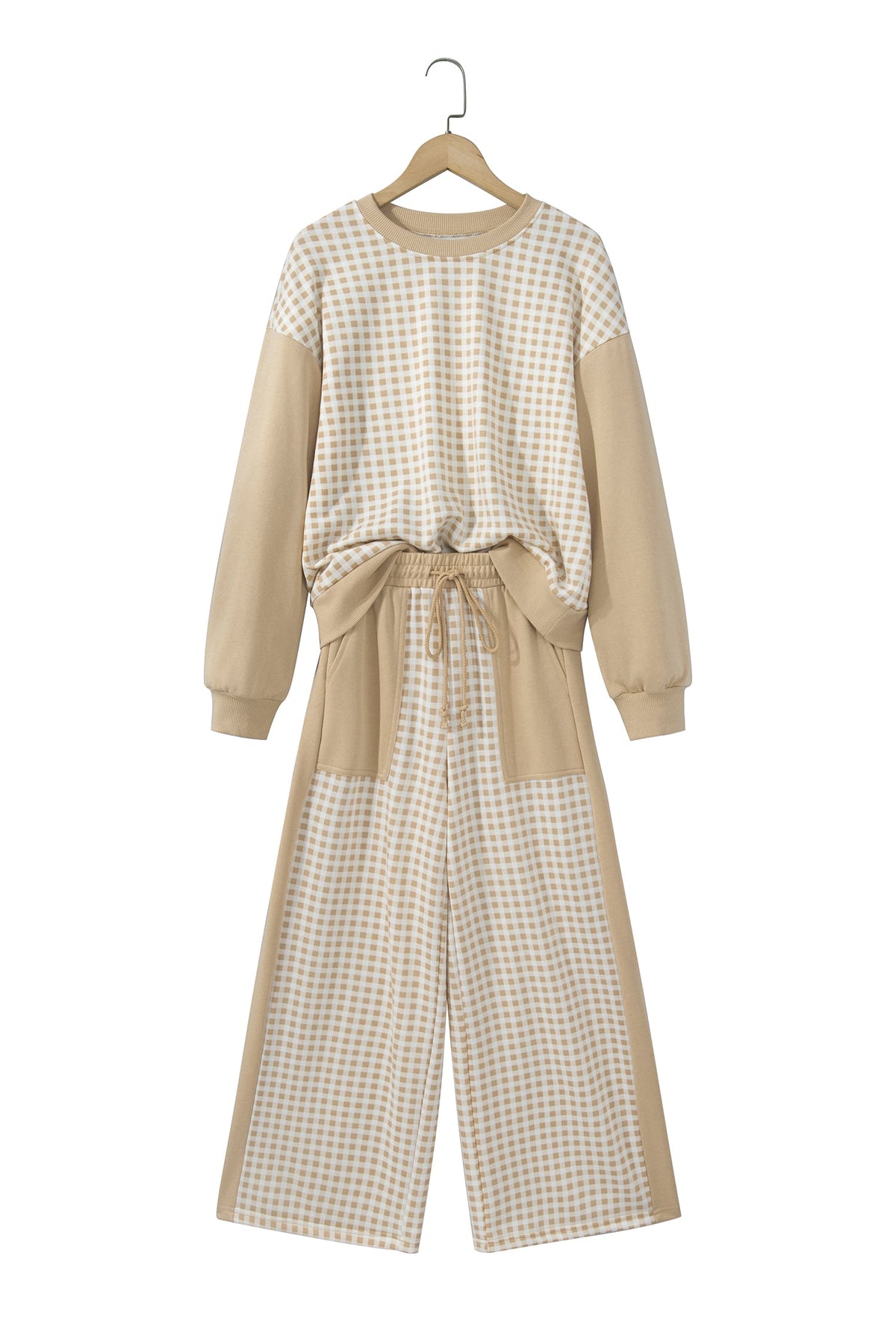 Khaki Color Block Plaid Patchwork Long Sleeve Pullover Wide Leg Pant Set