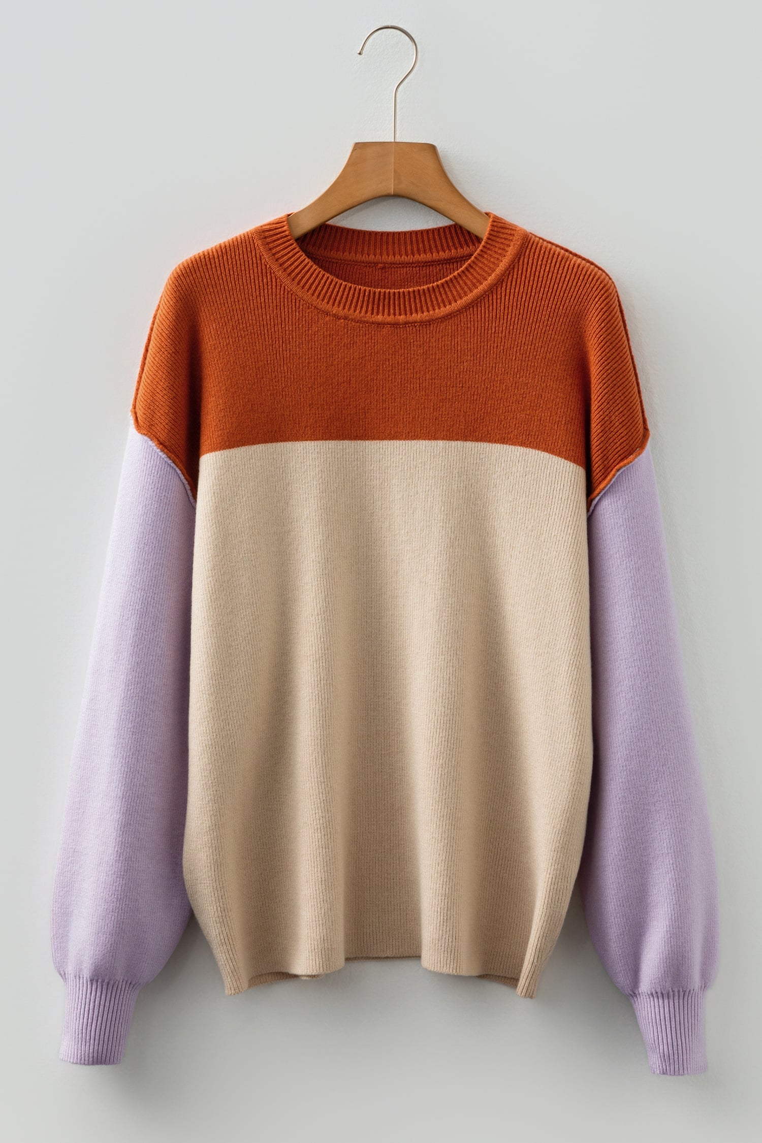 Khaki Color Block Plain Ribbed Knit Baggy Sweater