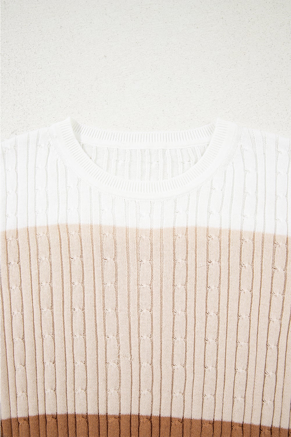 Khaki Colorblock Cable Knit Round Neck Sweater