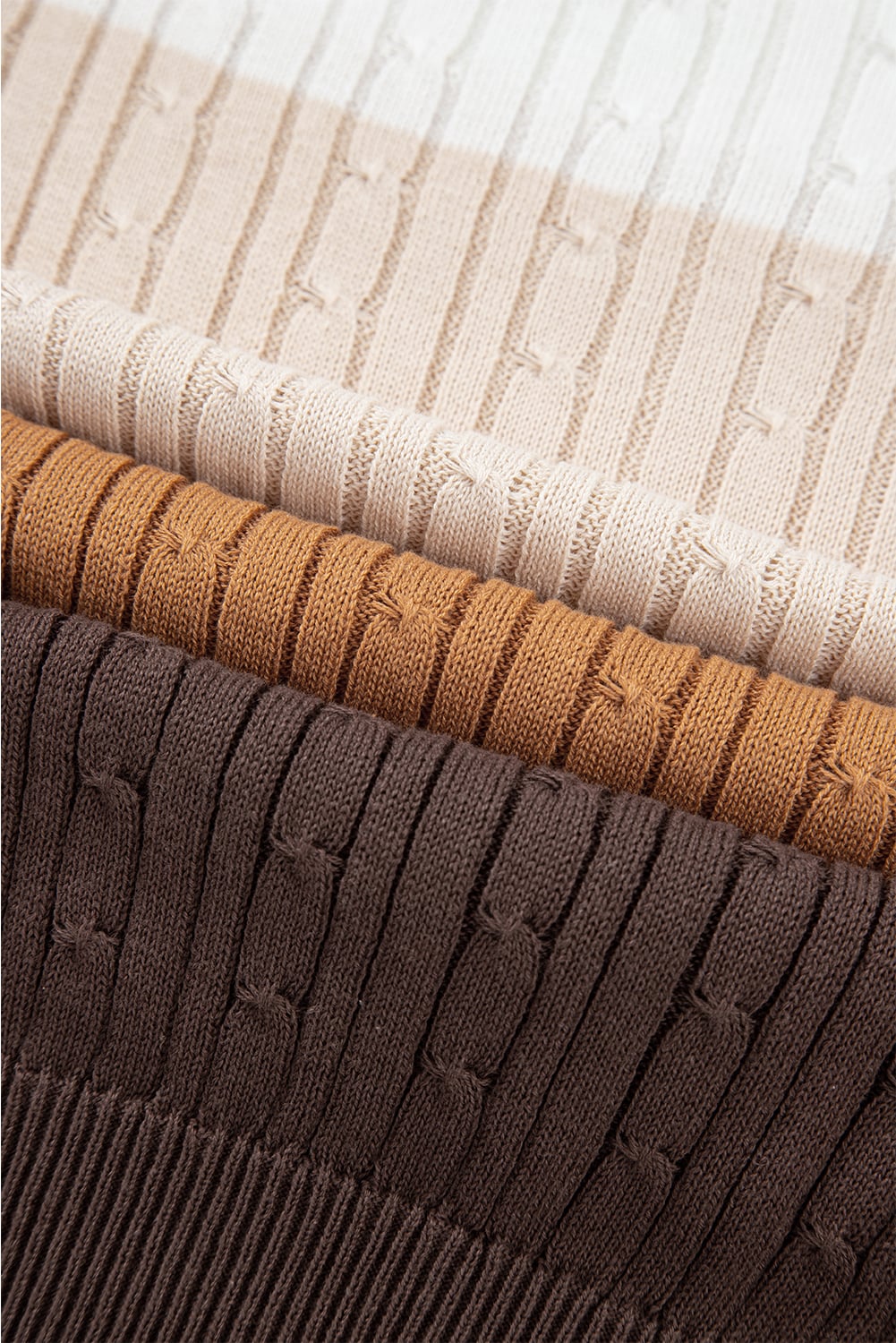 Khaki Colorblock Cable Knit Round Neck Sweater