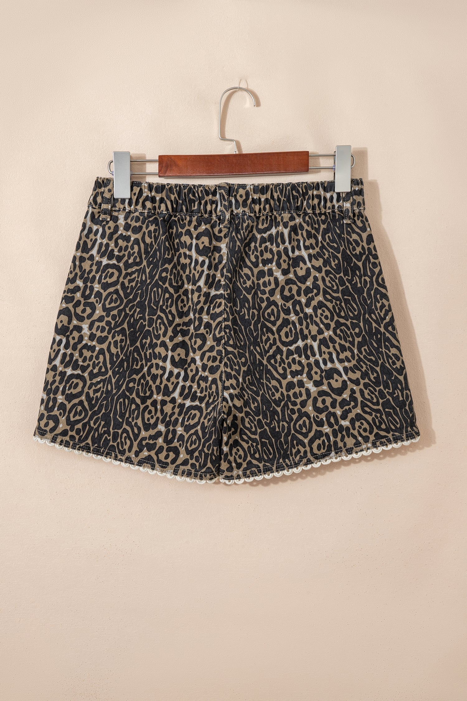 Khaki Contrast Scalloped Lace Trim Leopard Denim Shorts