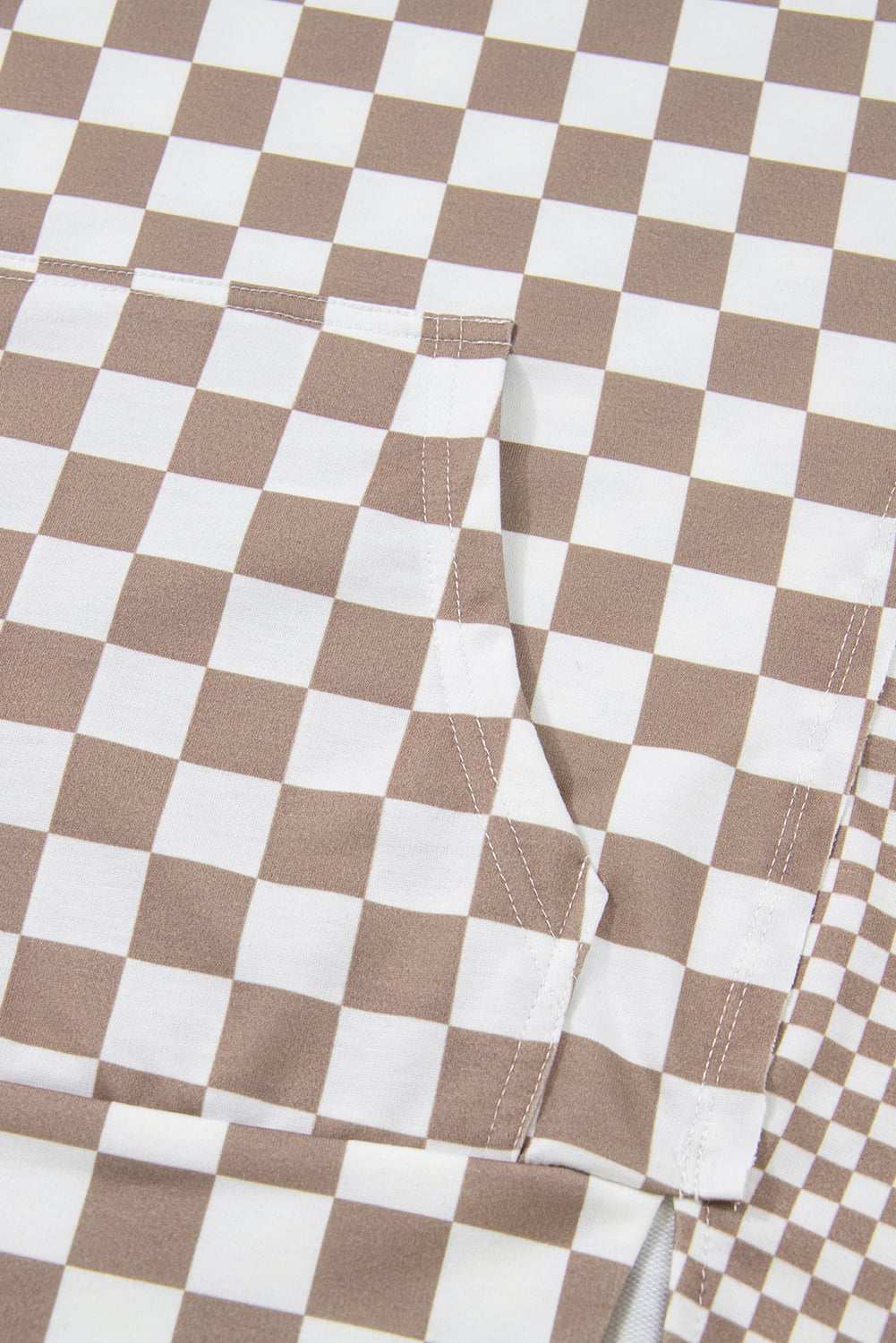 Khaki Double Checkered Patchwork Tie Neck Oversize Hoodie