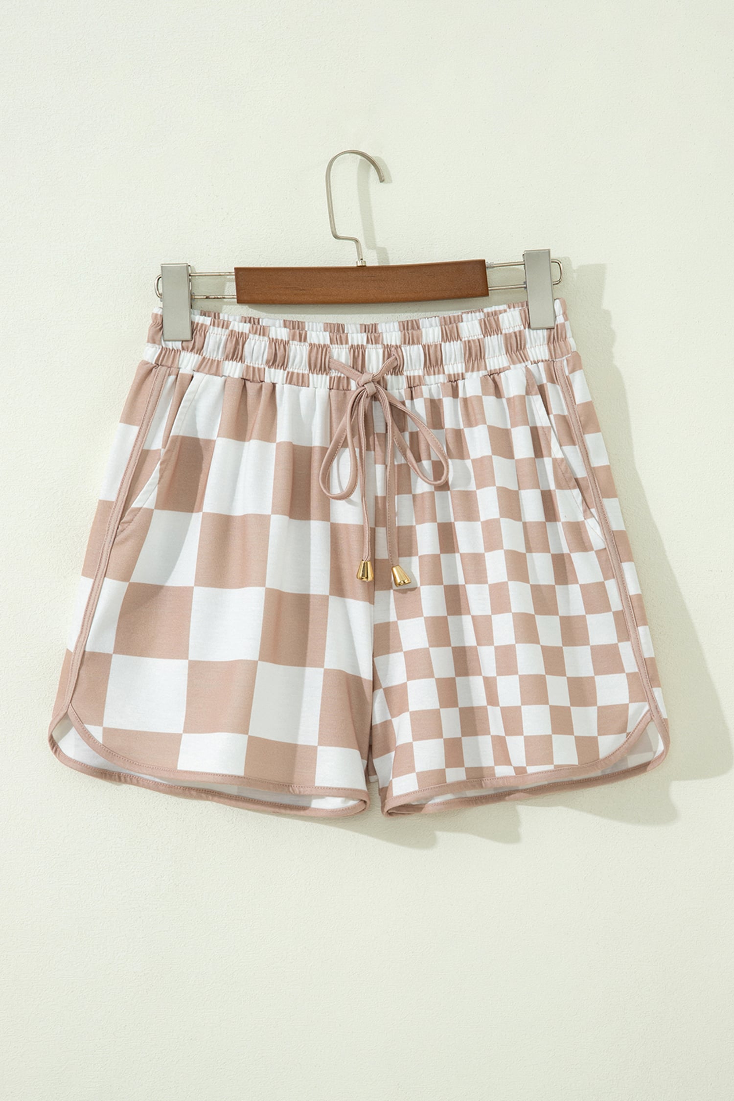 Khaki Double Checkered Print Beaded Drawstring Casual Shorts