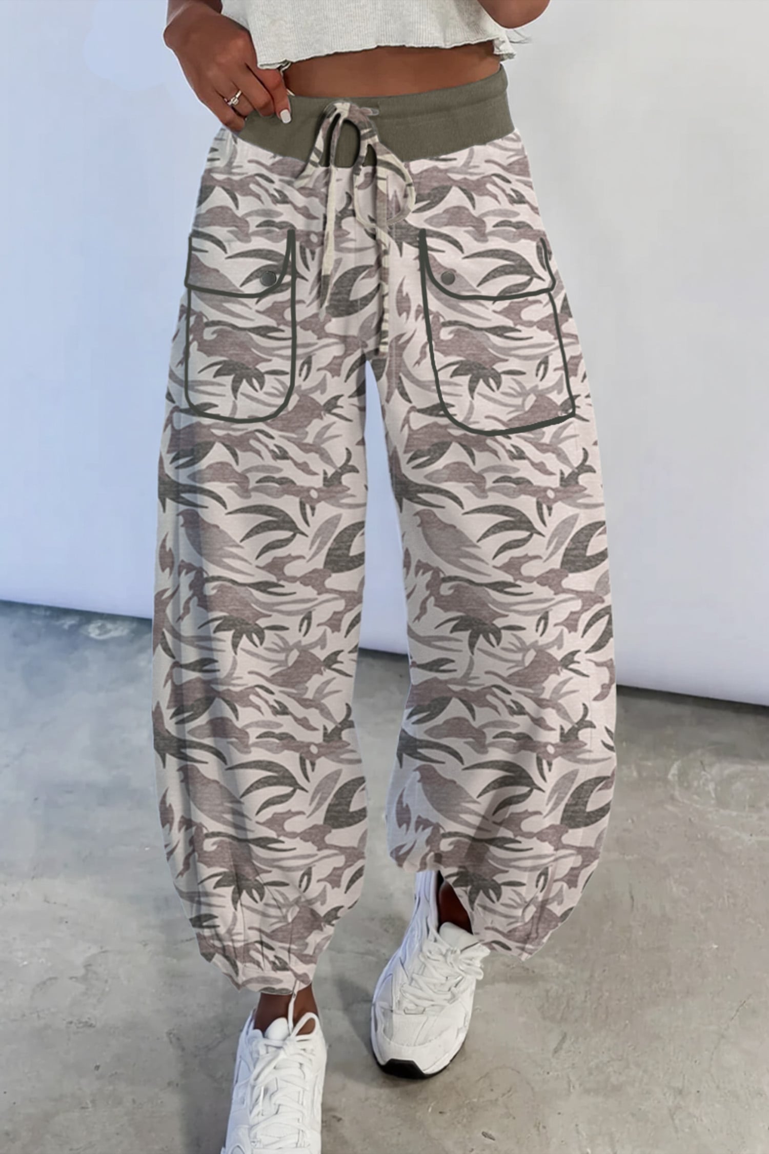 Khaki Drawstring Contrast Waistband Camouflage Joggers Pants
