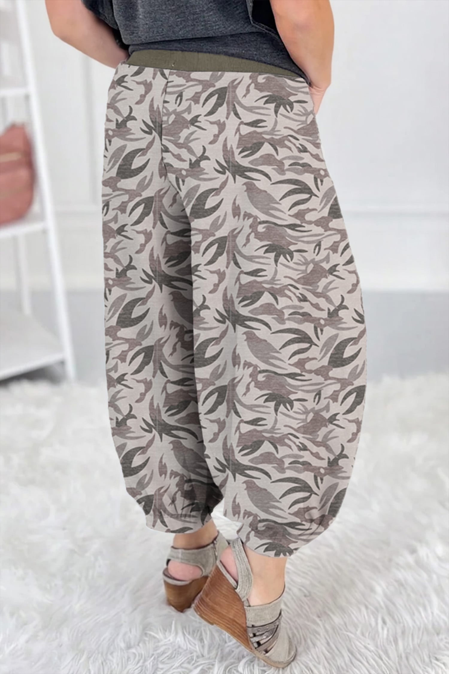 Khaki Drawstring Contrast Waistband Camouflage Joggers Pants