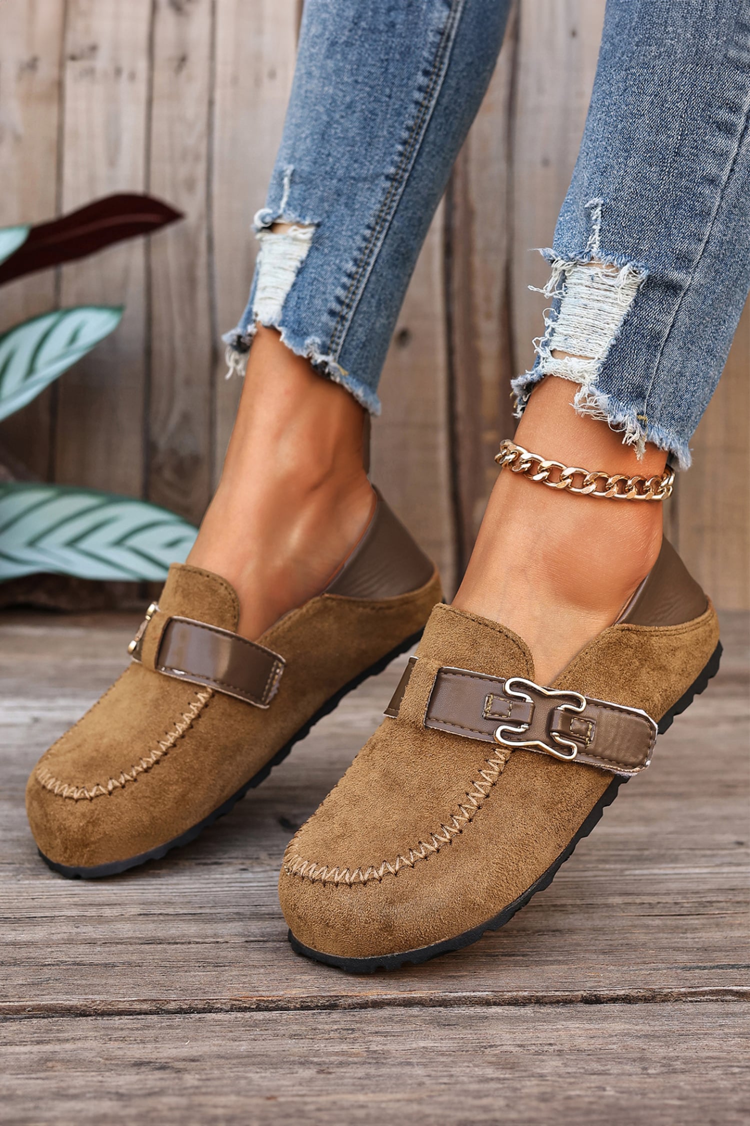 Khaki Faux Suede PU Leather Patchwork Retro Buckle Slip On Shoes